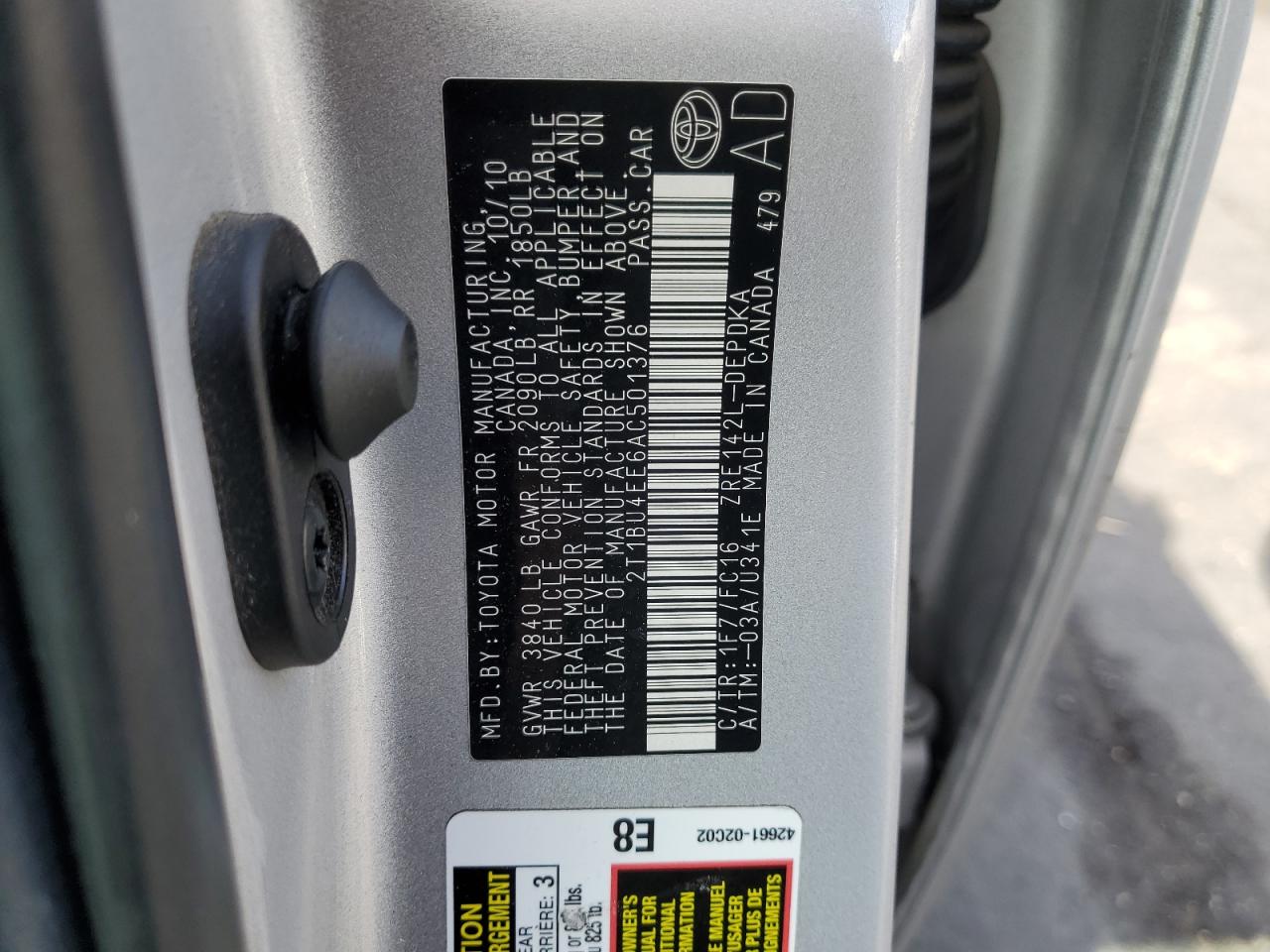 2010 Toyota Corolla Base VIN: 2T1BU4EE6AC501376 Lot: 57470705