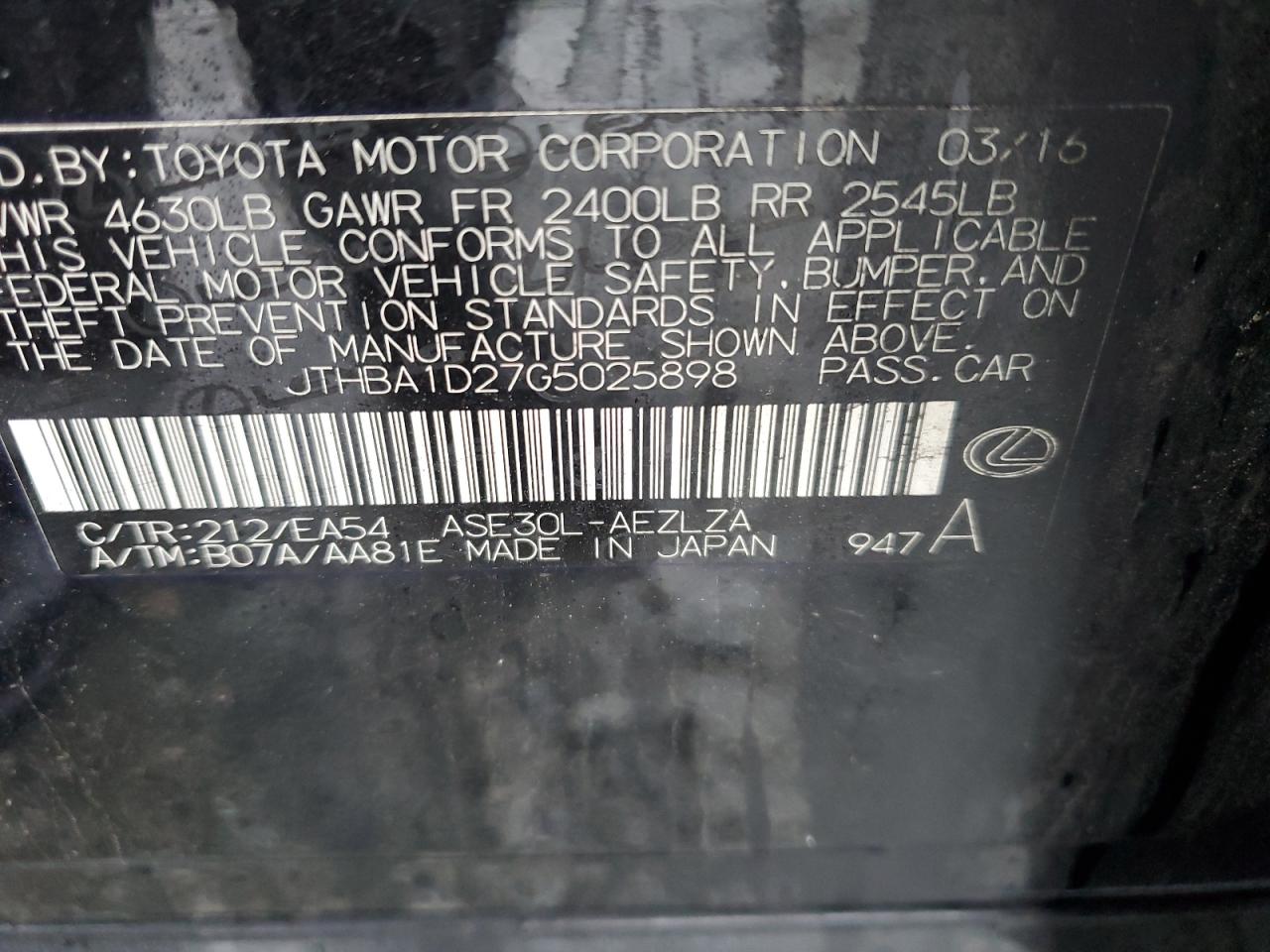 2016 Lexus Is 200T VIN: JTHBA1D27G5025898 Lot: 56044675