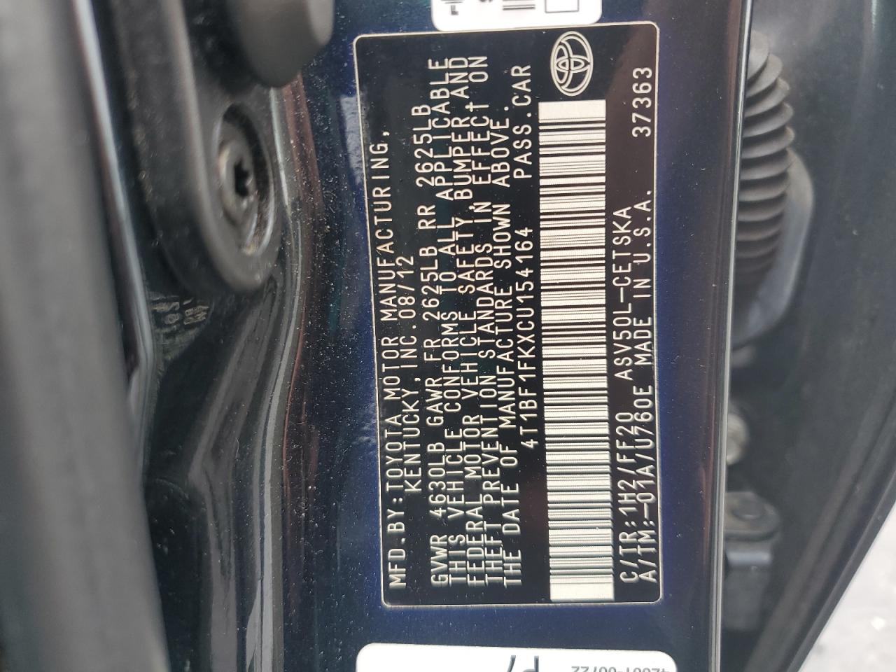 2012 Toyota Camry Base VIN: 4T1BF1FKXCU154164 Lot: 56833825