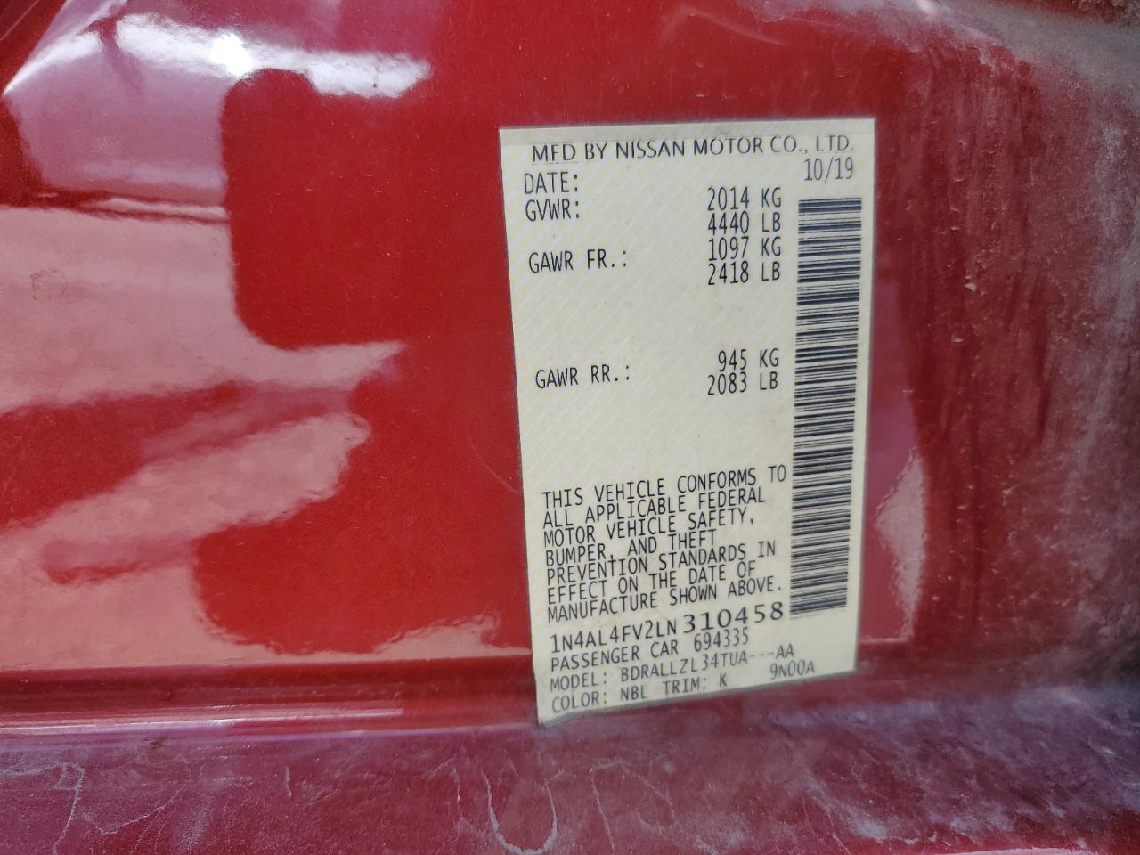 2020 Nissan Altima Platinum VIN: 1N4AL4FV2LN310458 Lot: 56121735