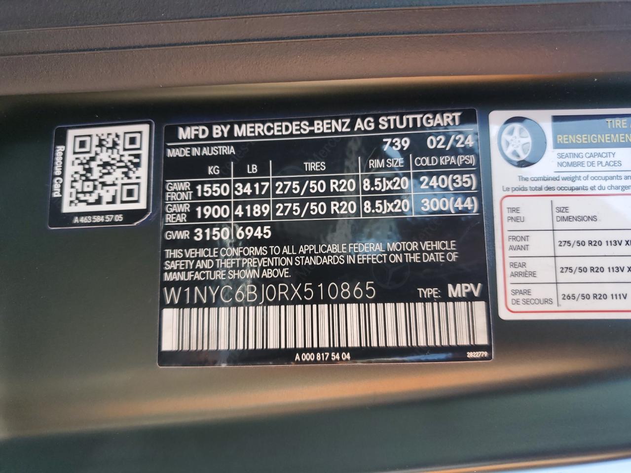 2024 Mercedes-Benz G 550 VIN: W1NYC6BJ0RX510865 Lot: 58208935