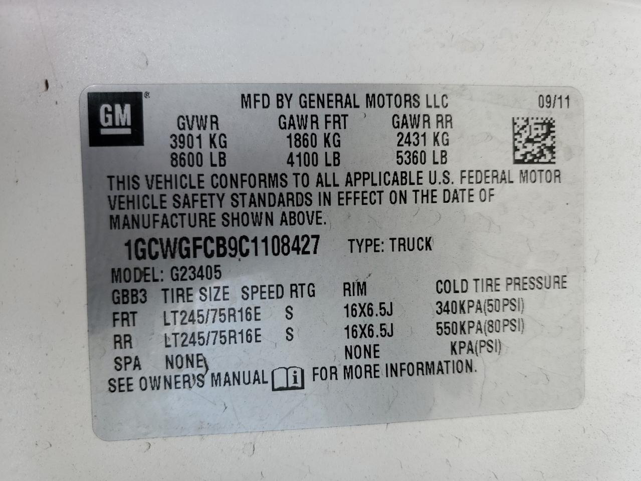 2012 Chevrolet Express G2500 VIN: 1GCWGFCB9C1108427 Lot: 56376875