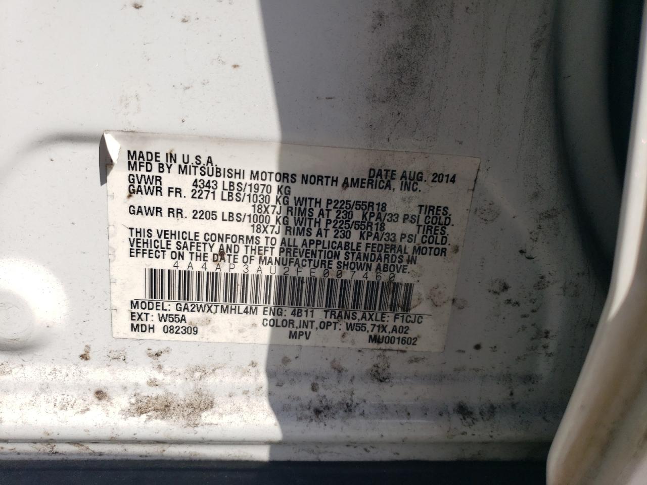 2015 Mitsubishi Outlander Sport Es VIN: 4A4AP3AU2FE007460 Lot: 57447955
