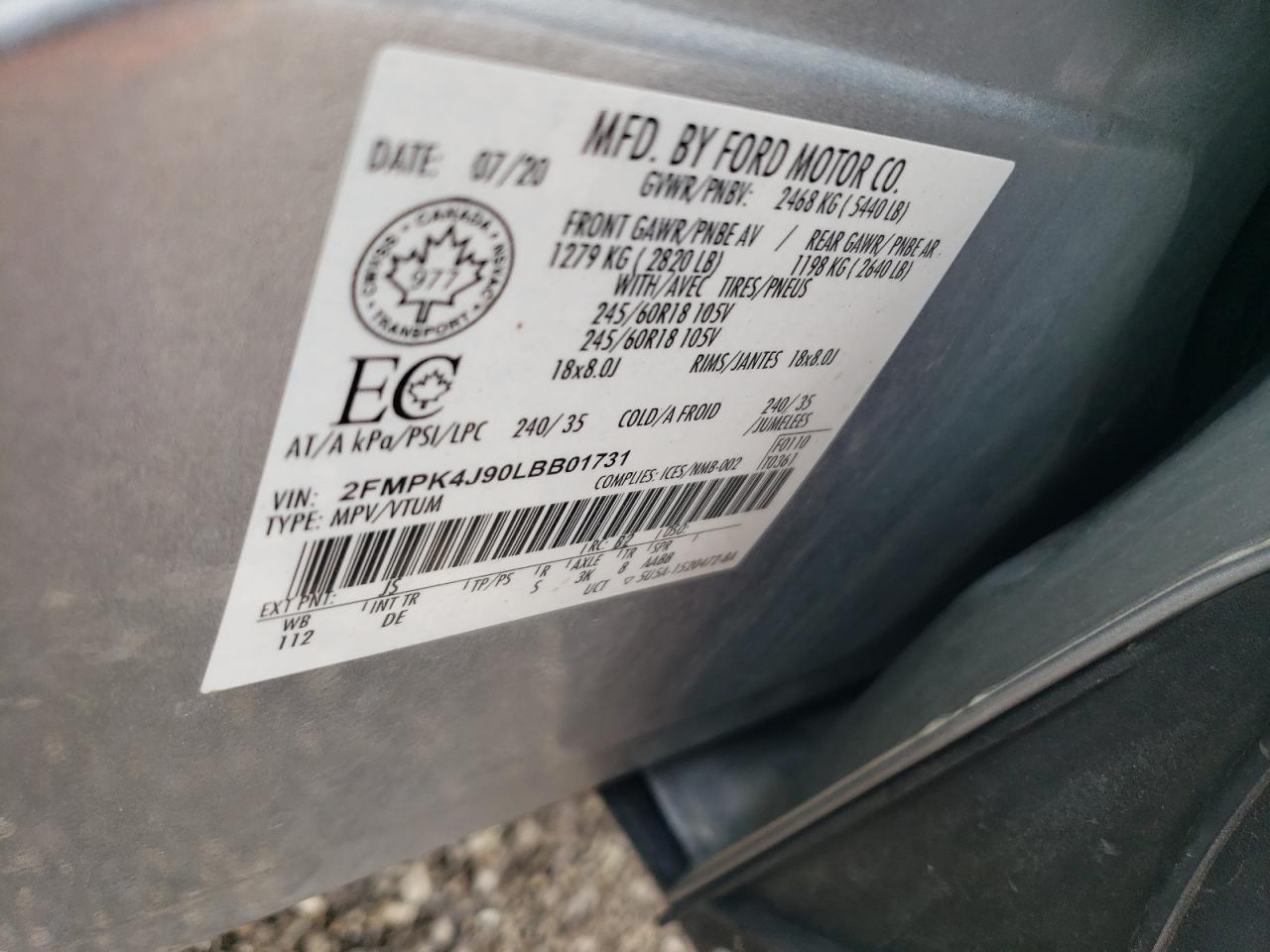 2020 Ford Edge Sel VIN: 2FMPK4J90LBB01731 Lot: 56919985