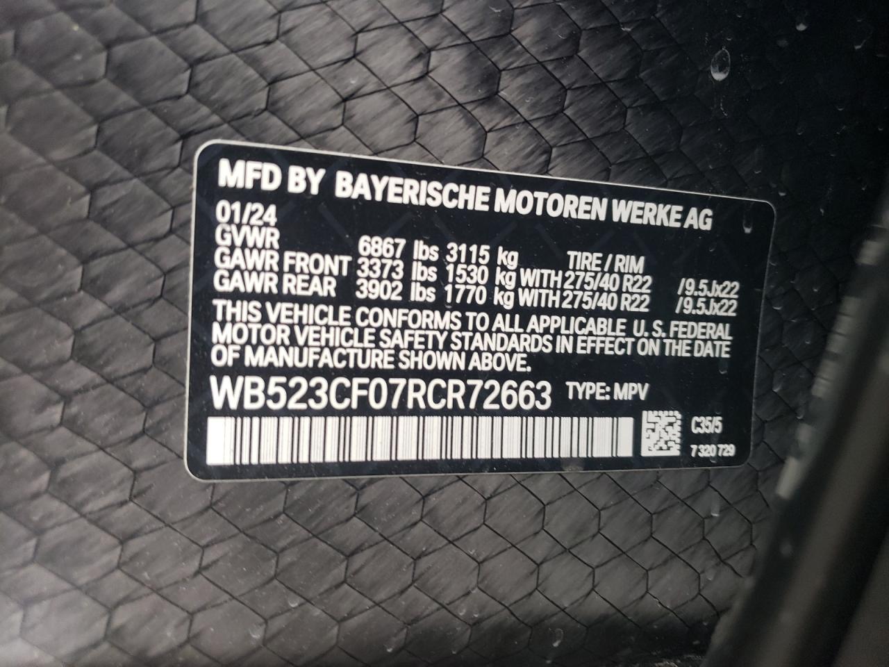 2024 BMW Ix xDrive50 VIN: WB523CF07RCR72663 Lot: 51772725