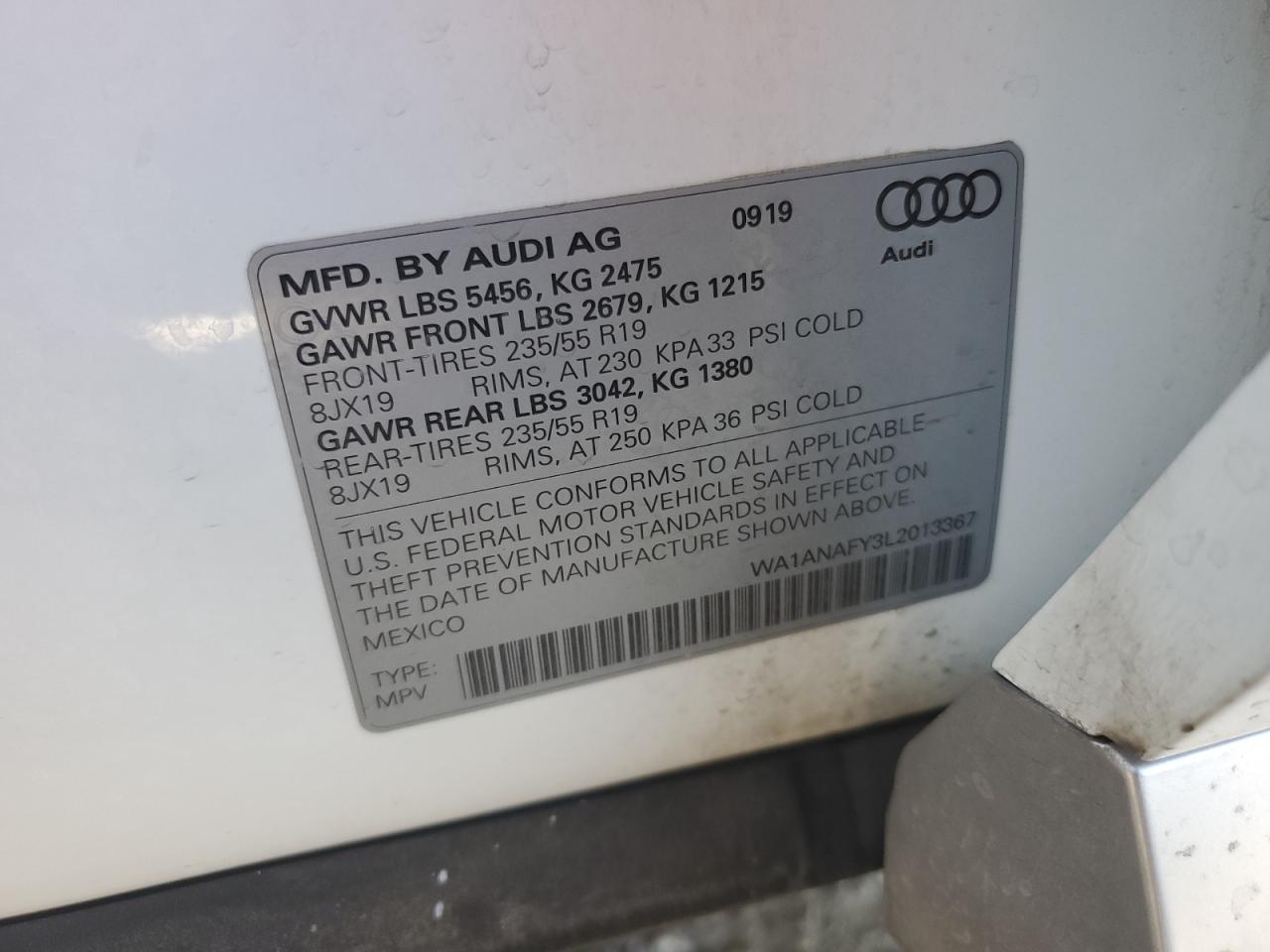 2020 Audi Q5 Premium VIN: WA1ANAFY3L2013367 Lot: 57328025