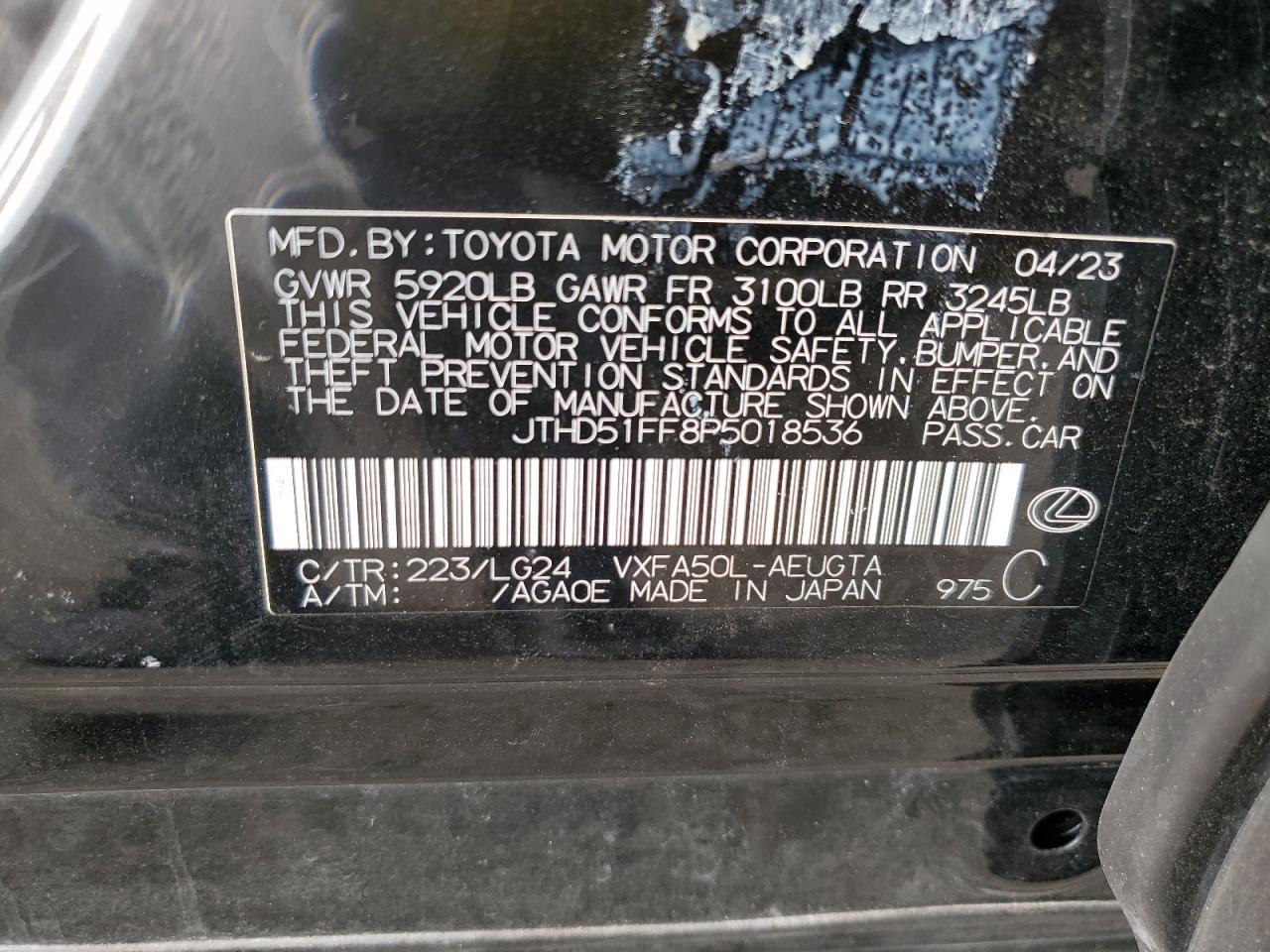 2023 Lexus Ls 500 Base VIN: JTHD51FF8P5018536 Lot: 58006105