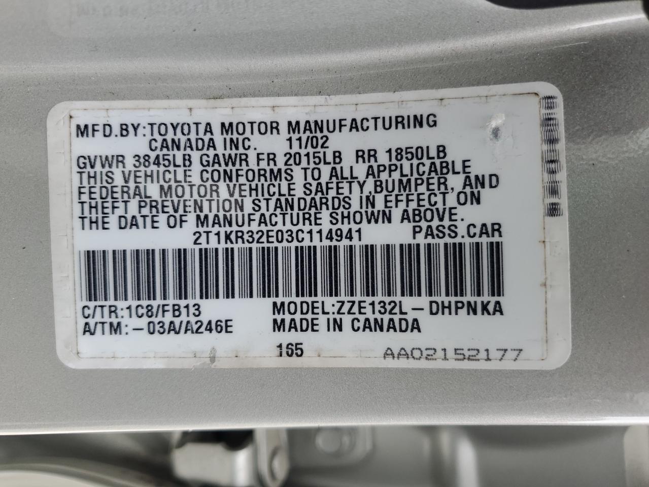 2003 Toyota Corolla Matrix Xr VIN: 2T1KR32E03C114941 Lot: 58013295