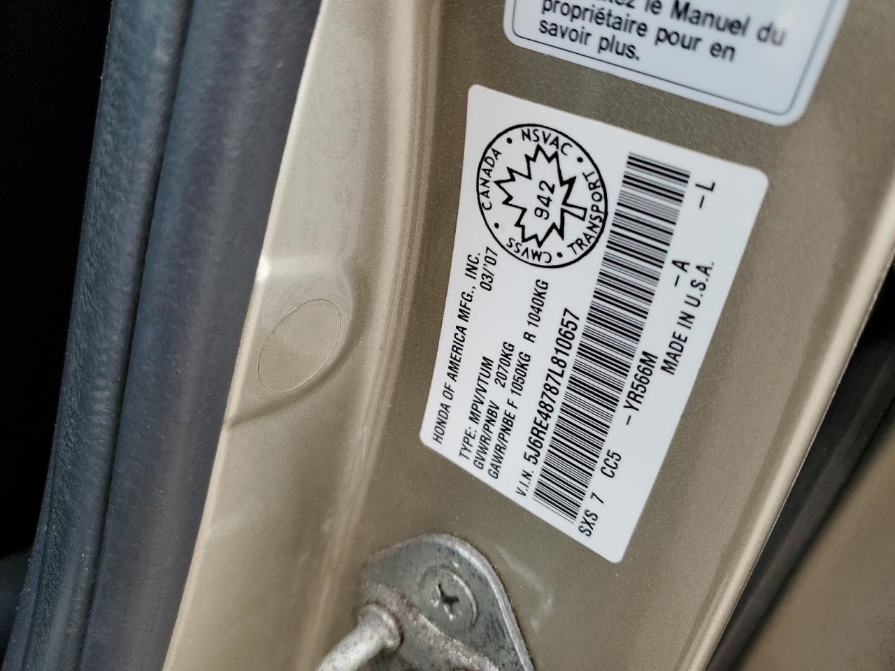 2007 Honda Cr-V Exl VIN: 5J6RE48787L810657 Lot: 54121055