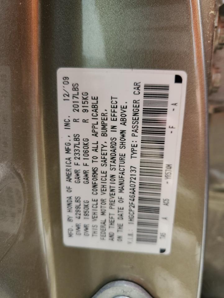 2010 Honda Accord Lxp VIN: 1HGCP2F46AA072137 Lot: 56883385