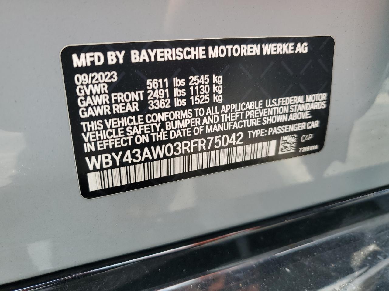 2024 BMW I4 Edrive 35 VIN: WBY43AW03RFR75042 Lot: 58212125