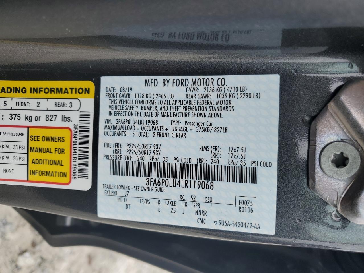 2020 Ford Fusion Se VIN: 3FA6P0LU4LR119068 Lot: 54030375