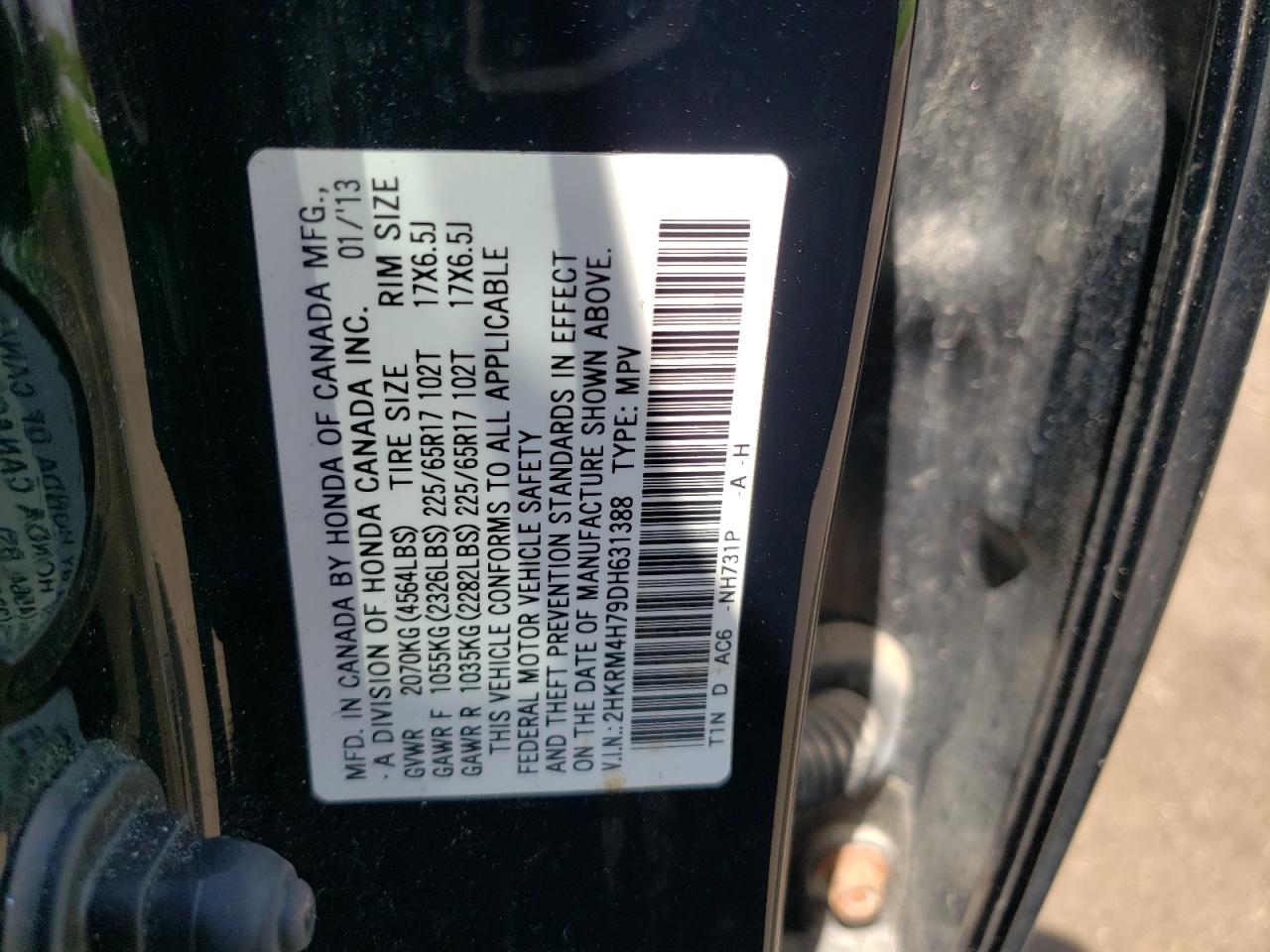 2013 Honda Cr-V Exl VIN: 2HKRM4H79DH631388 Lot: 54845445