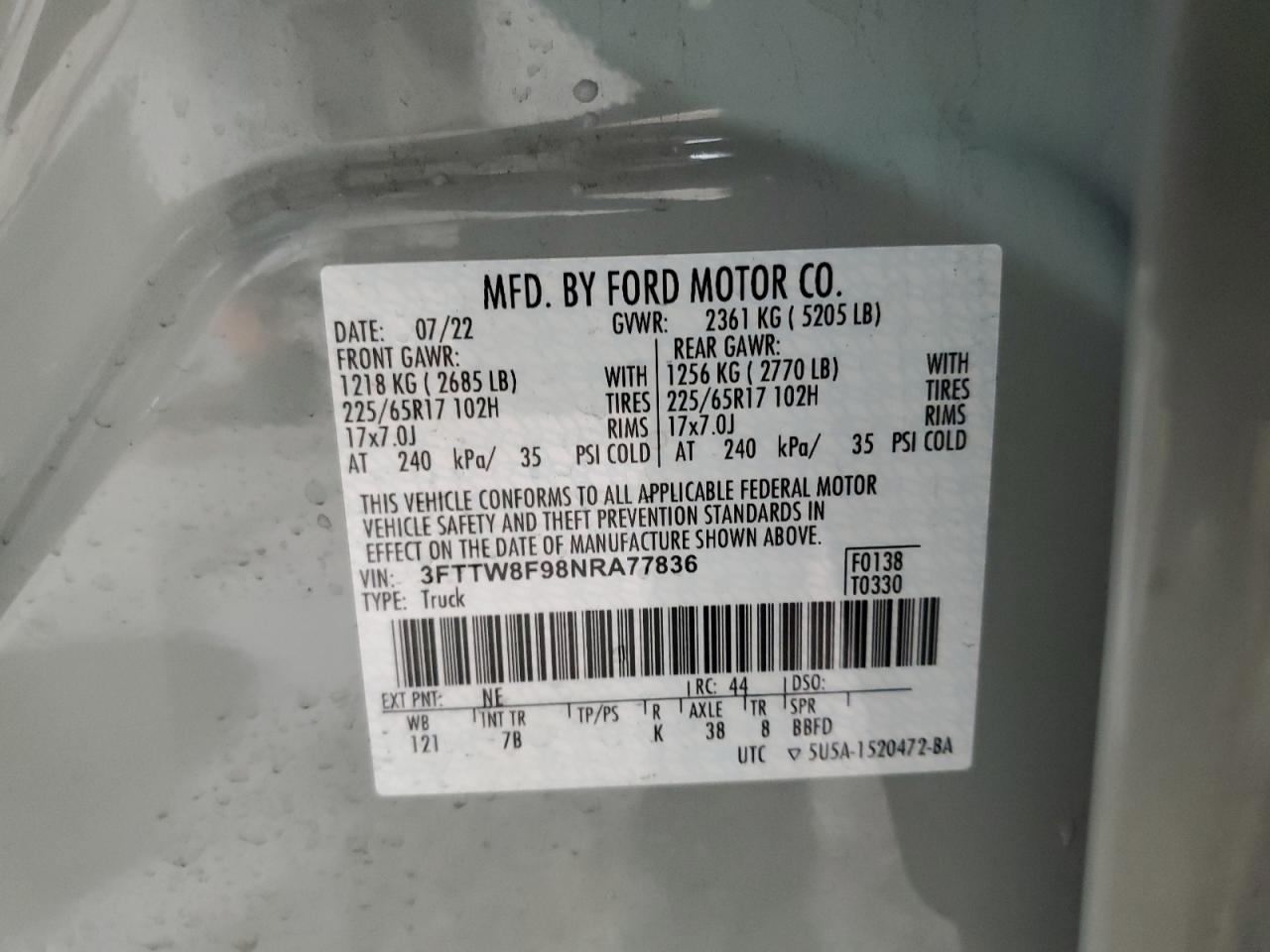2022 Ford Maverick Xl VIN: 3FTTW8F98NRA77836 Lot: 56213765