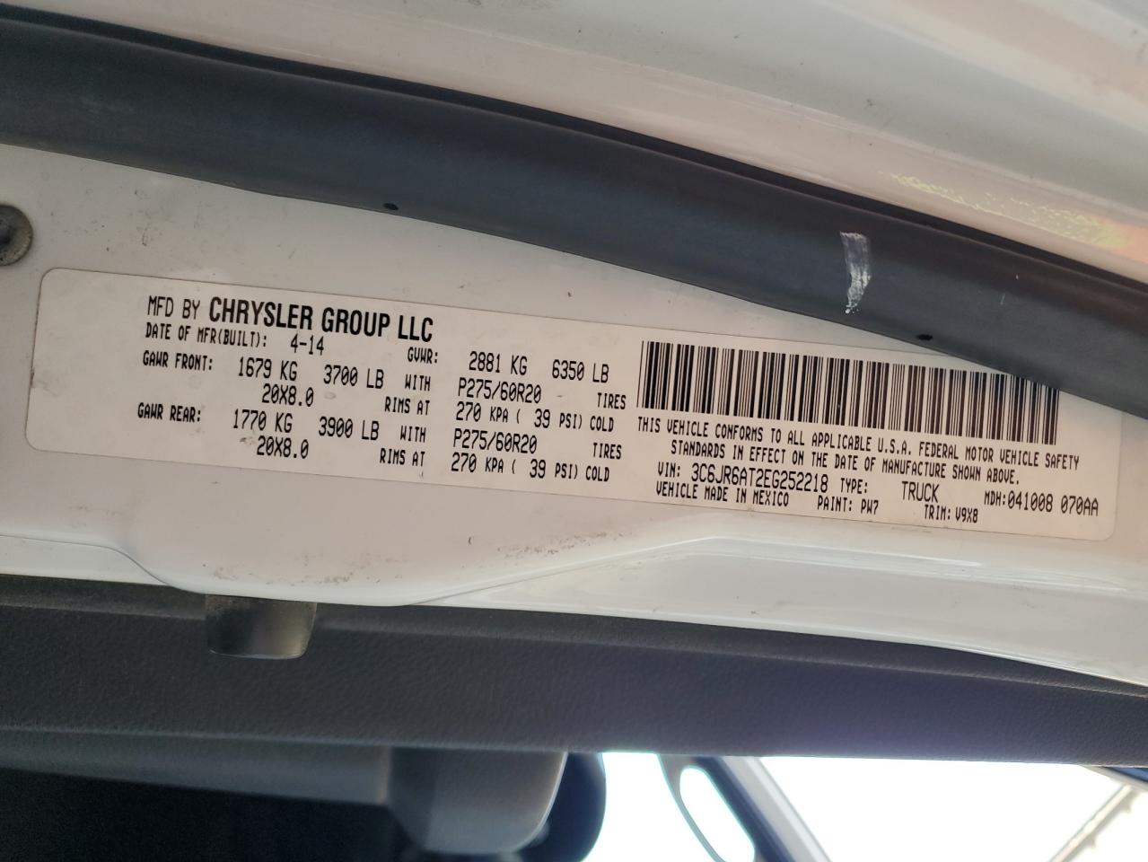 2014 Ram 1500 St VIN: 3C6JR6AT2EG252218 Lot: 55695325