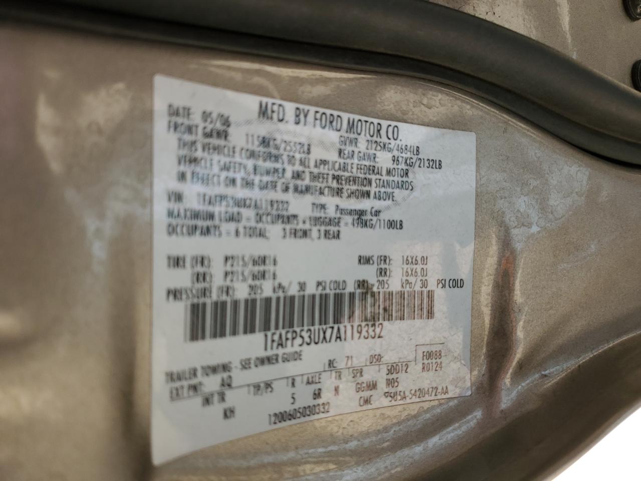 2007 Ford Taurus Se VIN: 1FAFP53UX7A119332 Lot: 57625215