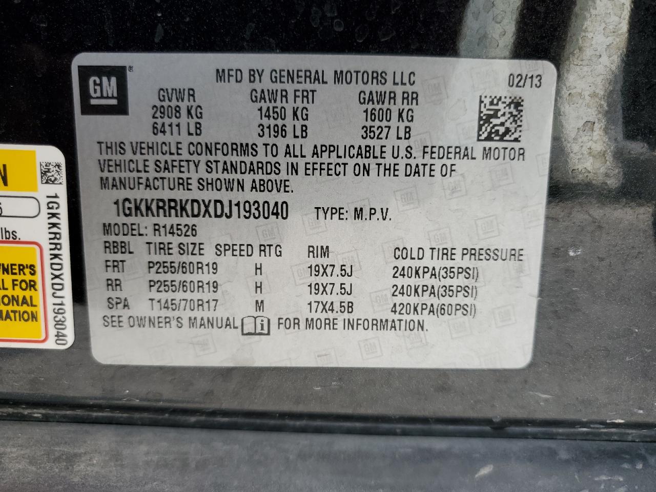 2013 GMC Acadia Slt-1 VIN: 1GKKRRKDXDJ193040 Lot: 57089735