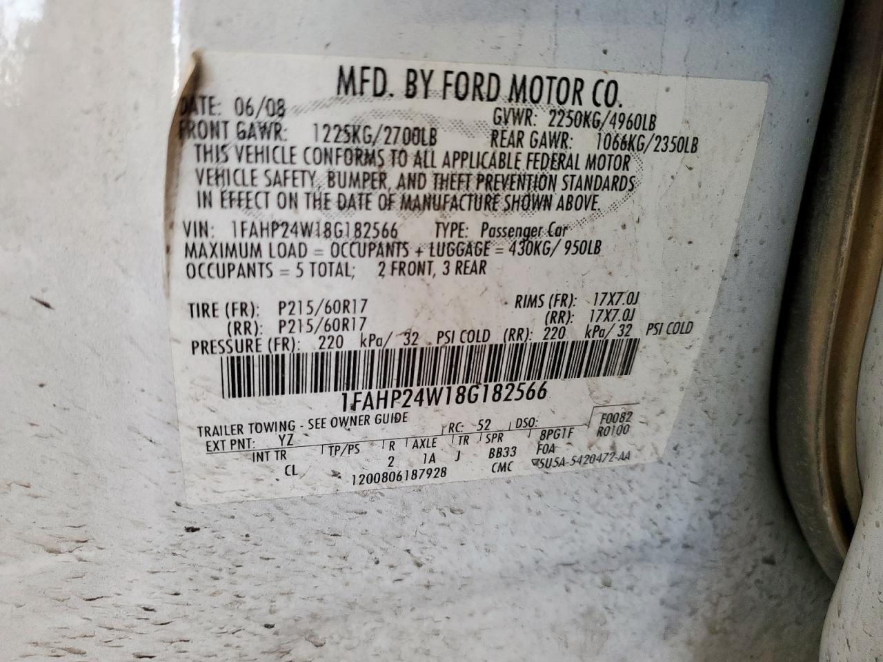 2008 Ford Taurus Sel VIN: 1FAHP24W18G182566 Lot: 58543245