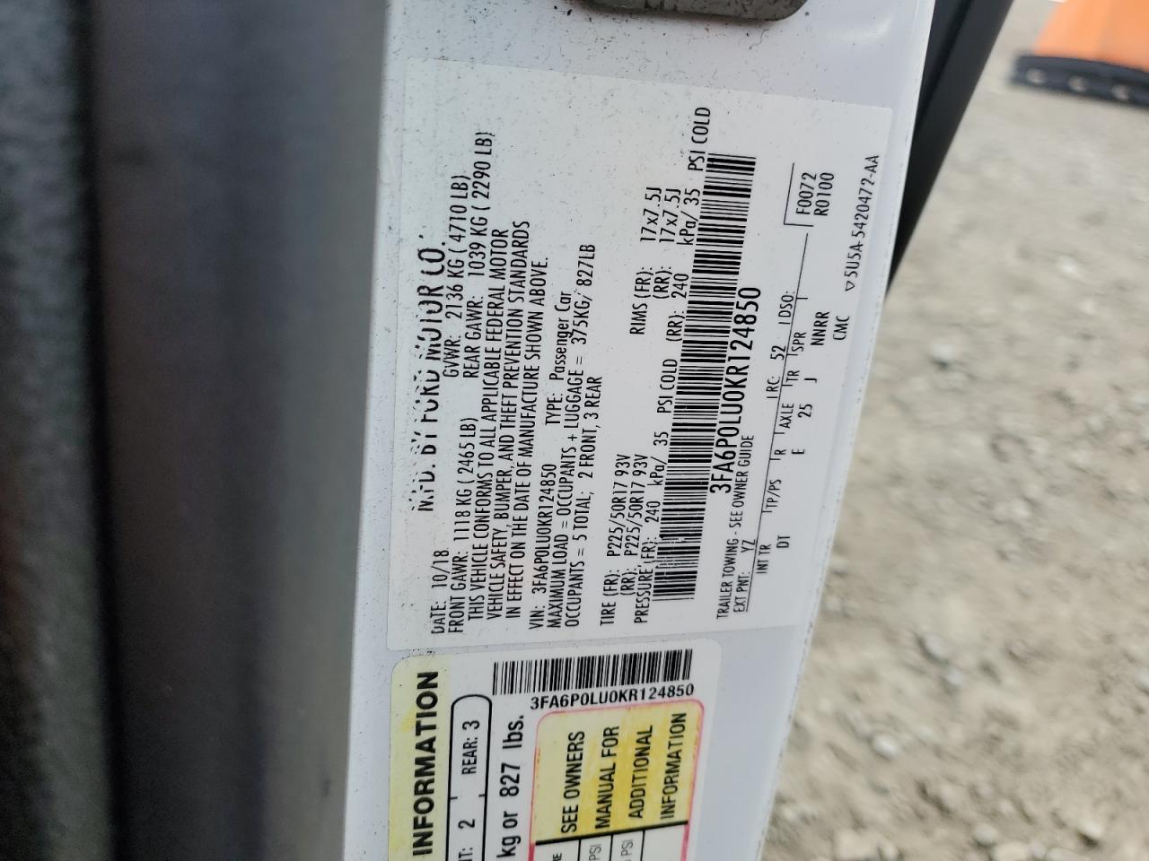 2019 Ford Fusion Se VIN: 3FA6P0LU0KR124850 Lot: 54043155