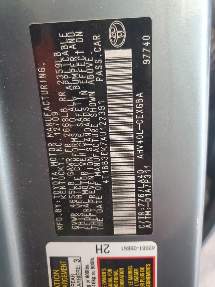 2010 Toyota Camry Hybrid VIN: 4T1BB3EK7AU122391 Lot: 57107485