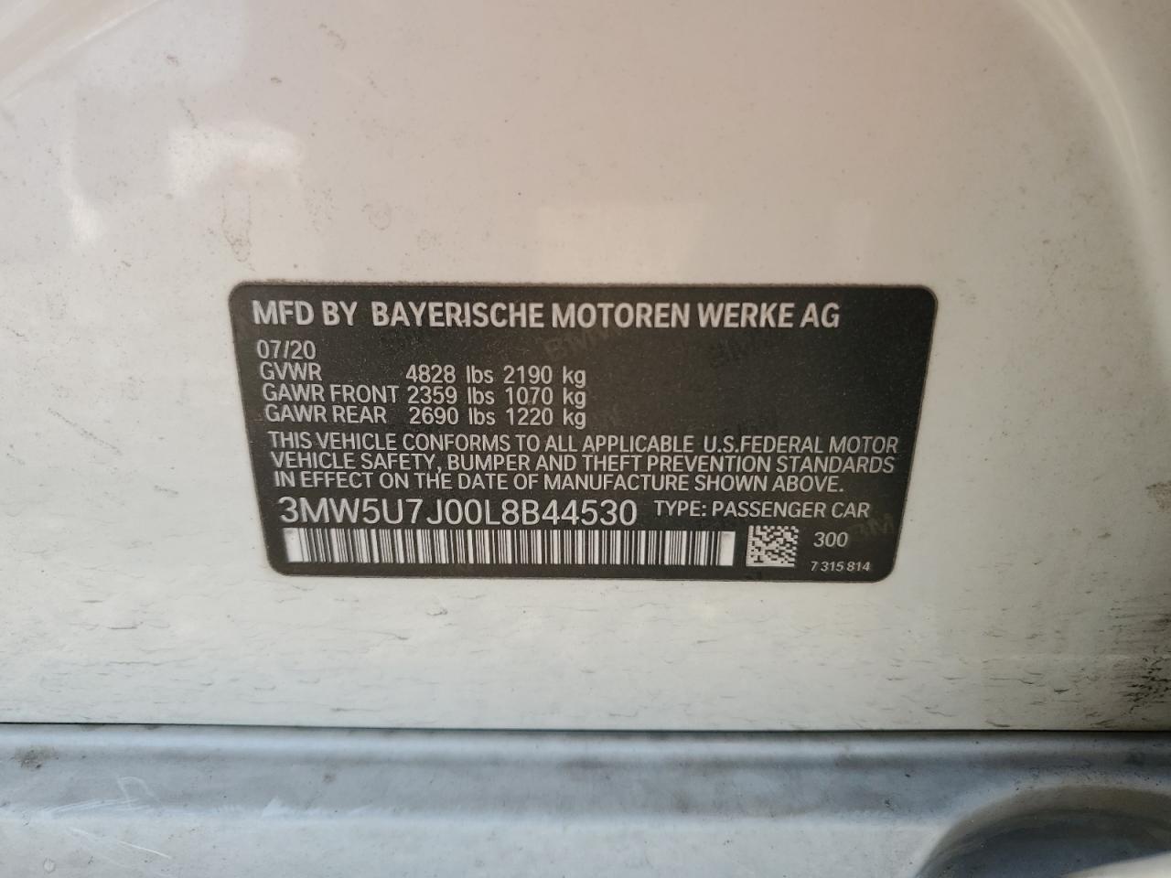 2020 BMW M340I VIN: 3MW5U7J00L8B44530 Lot: 56704535