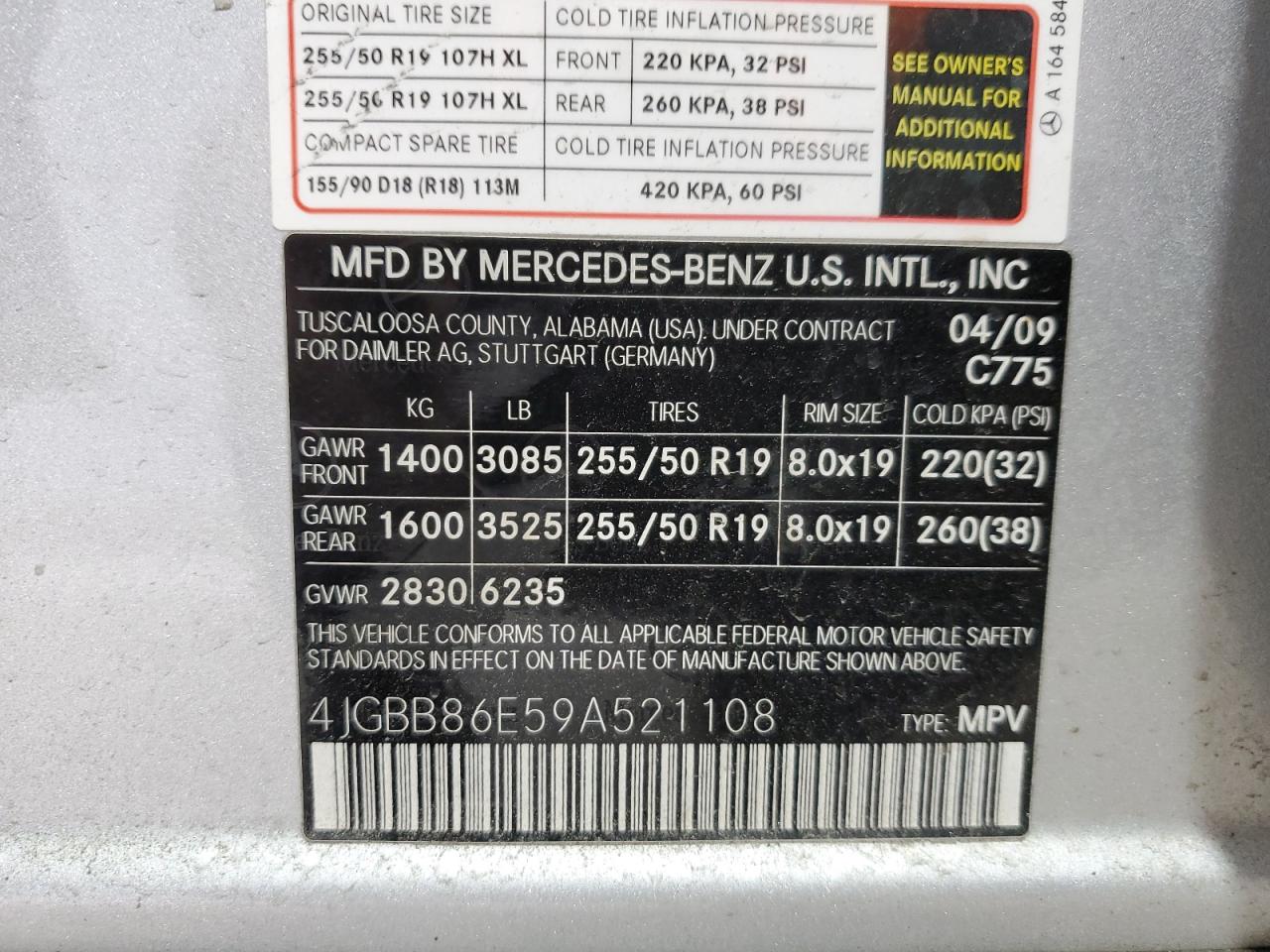 2009 Mercedes-Benz Ml 350 VIN: 4JGBB86E59A521108 Lot: 55895495