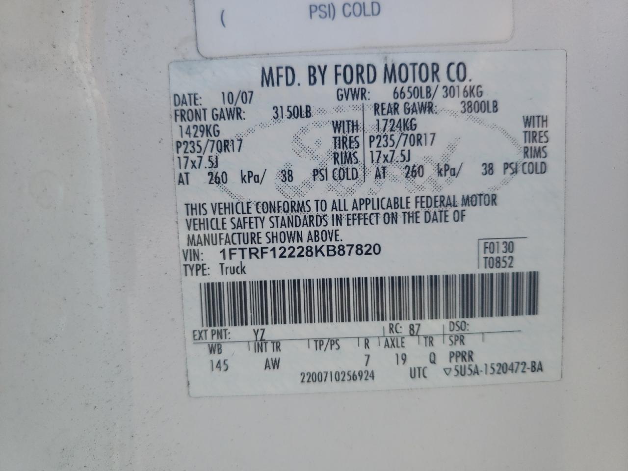 2008 Ford F150 VIN: 1FTRF12228KB87820 Lot: 58048995