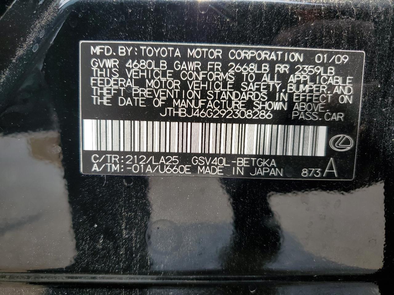 2009 Lexus Es 350 VIN: JTHBJ46G292308286 Lot: 56730875