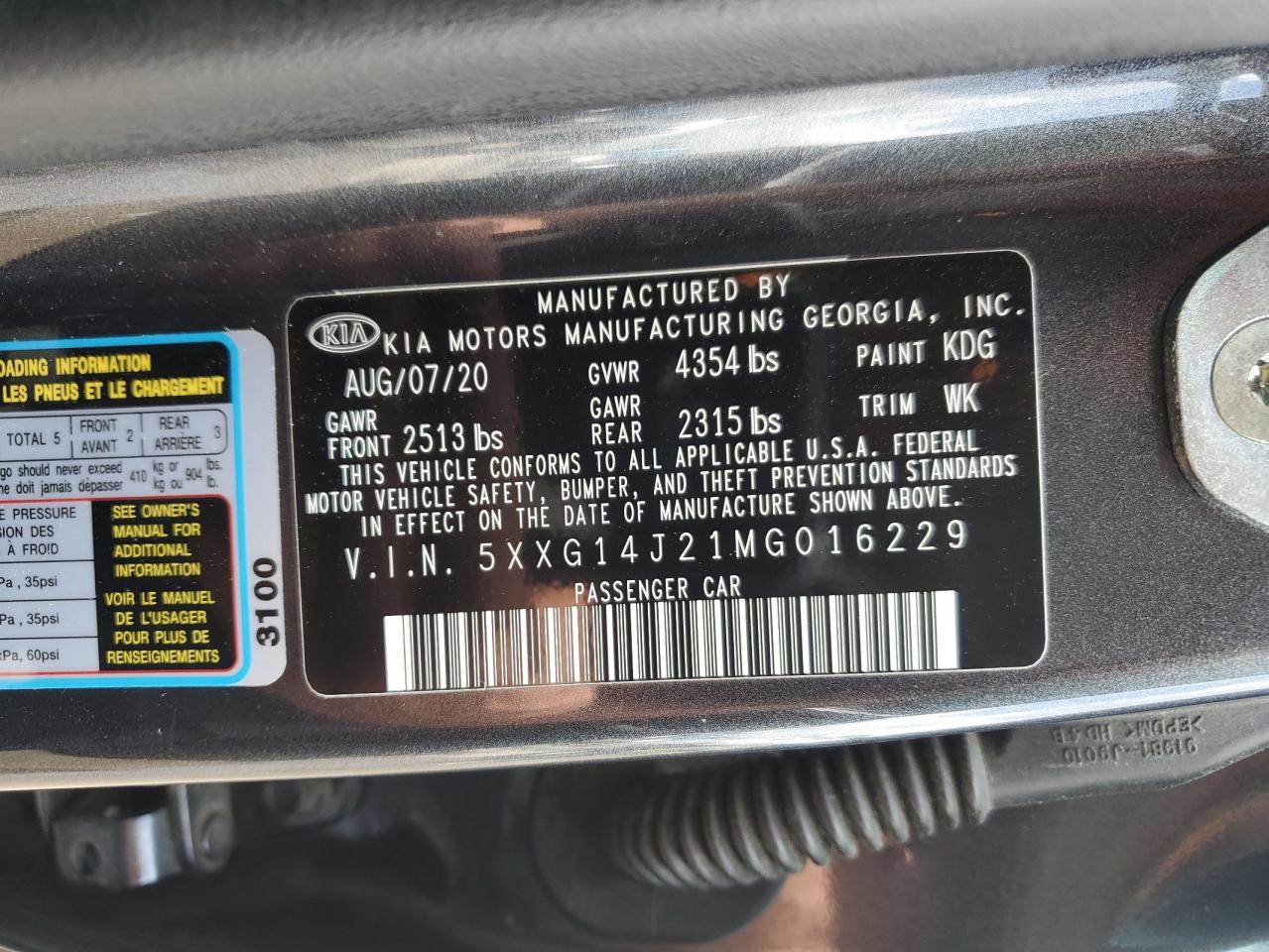 2021 Kia K5 Lxs VIN: 5XXG14J21MG016229 Lot: 59130925