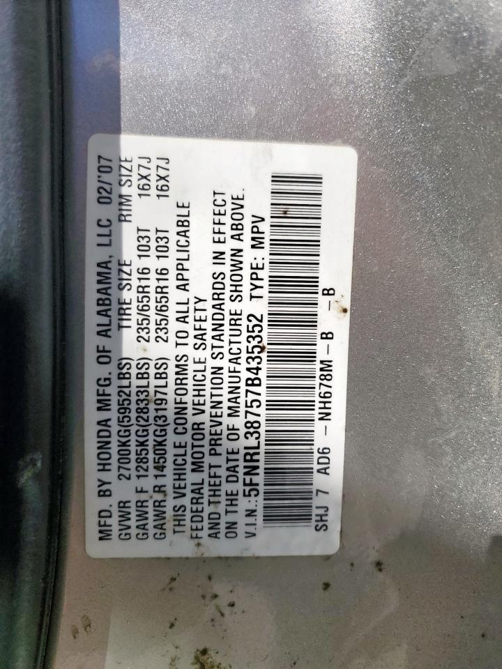 2007 Honda Odyssey Exl VIN: 5FNRL38757B435352 Lot: 56782145