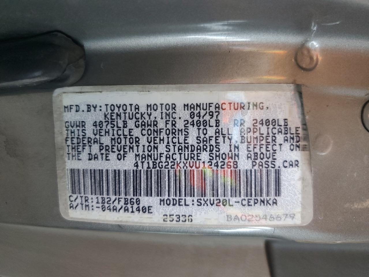 1997 Toyota Camry Ce VIN: 4T1BG22KXVU124268 Lot: 58089185