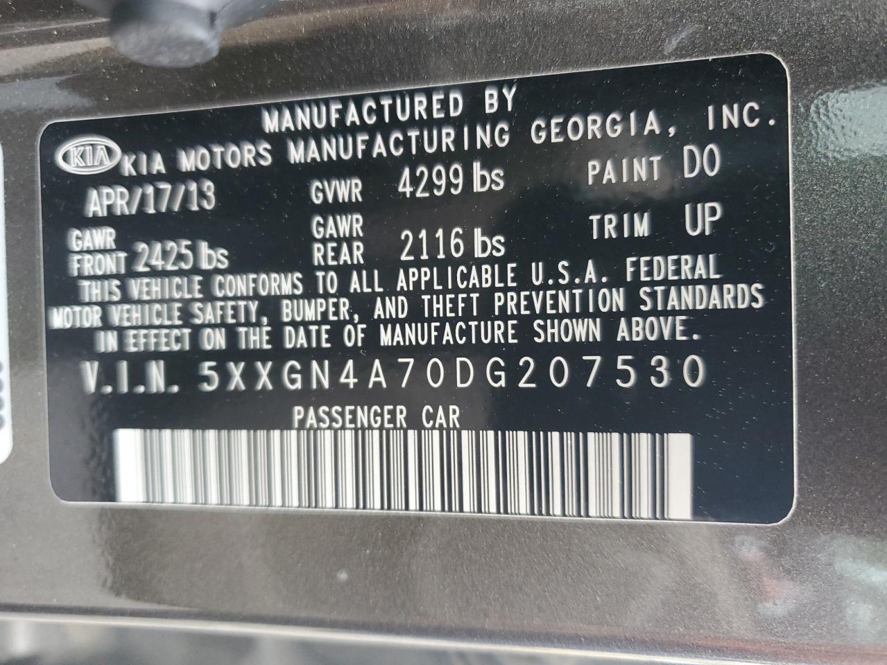 2013 Kia Optima Ex VIN: 5XXGN4A70DG207530 Lot: 58270795