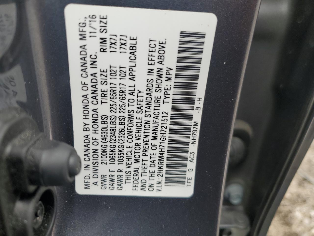 2016 Honda Cr-V Exl VIN: 2HKRM4H71GH721512 Lot: 58826075