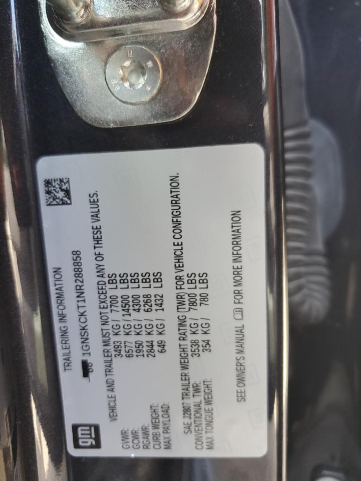 2022 Chevrolet Suburban K1500 Lt VIN: 1GNSKCKT1NR288858 Lot: 56998095
