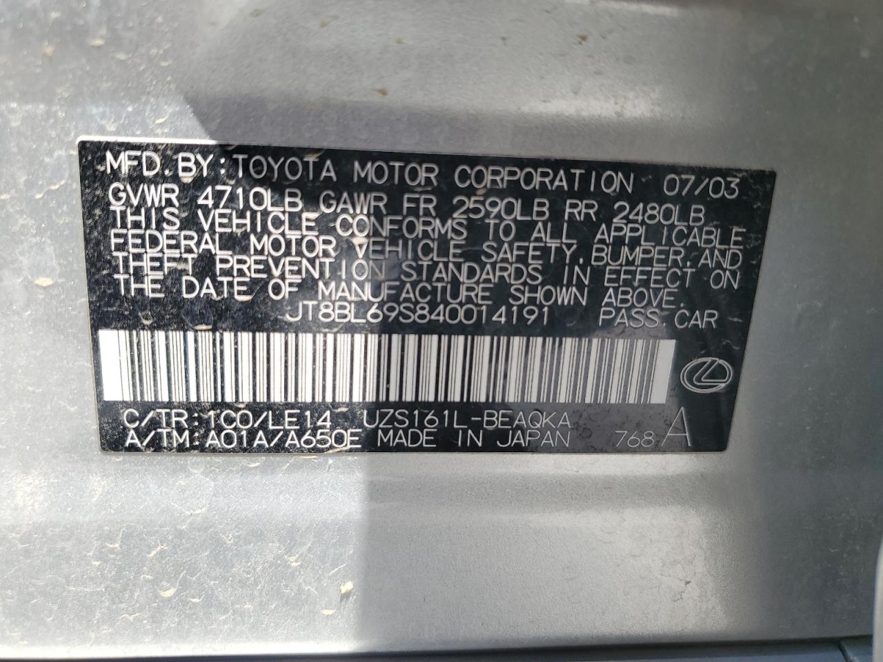2004 Lexus Gs 430 VIN: JT8BL69S840014191 Lot: 57272515