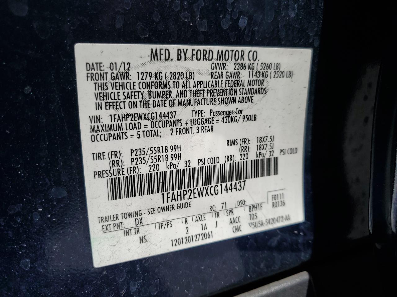 2012 Ford Taurus Sel VIN: 1FAHP2EWXCG144437 Lot: 56976035