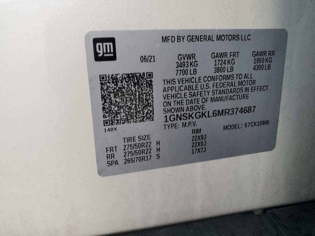 2021 Chevrolet Suburban K1500 High Country VIN: 1GNSKGKL6MR374687 Lot: 55976975