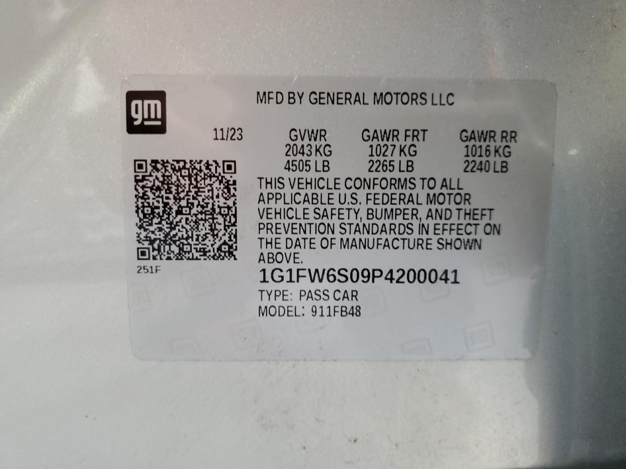 2023 Chevrolet Bolt Ev 1Lt VIN: 1G1FW6S09P4200041 Lot: 56061685