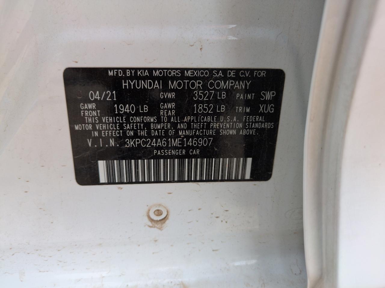 2021 Hyundai Accent Se VIN: 3KPC24A61ME146907 Lot: 58023865