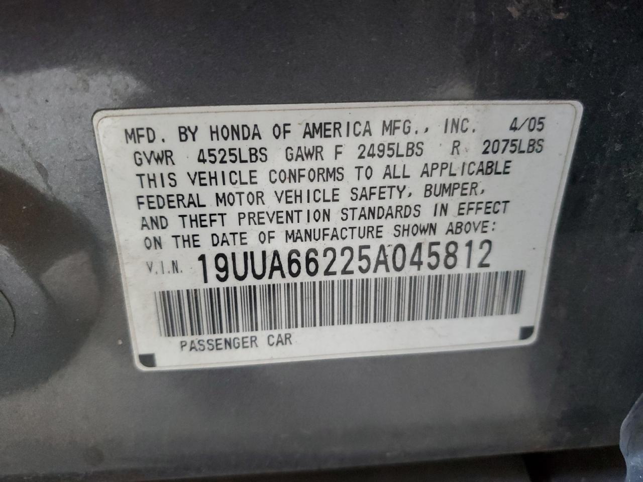 2005 Acura Tl VIN: 19UUA66225A045812 Lot: 57138775