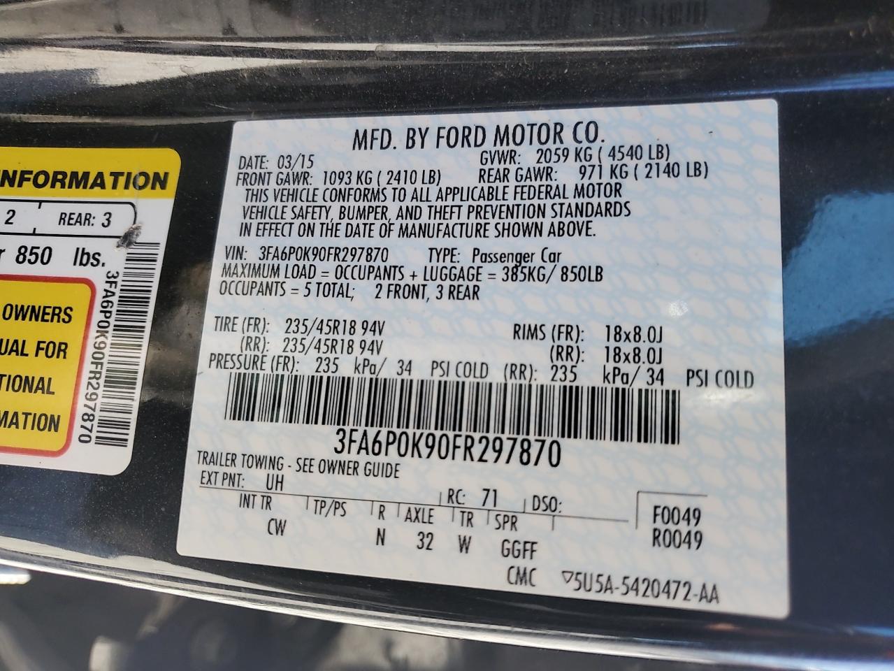 2015 Ford Fusion Titanium VIN: 3FA6P0K90FR297870 Lot: 57457665