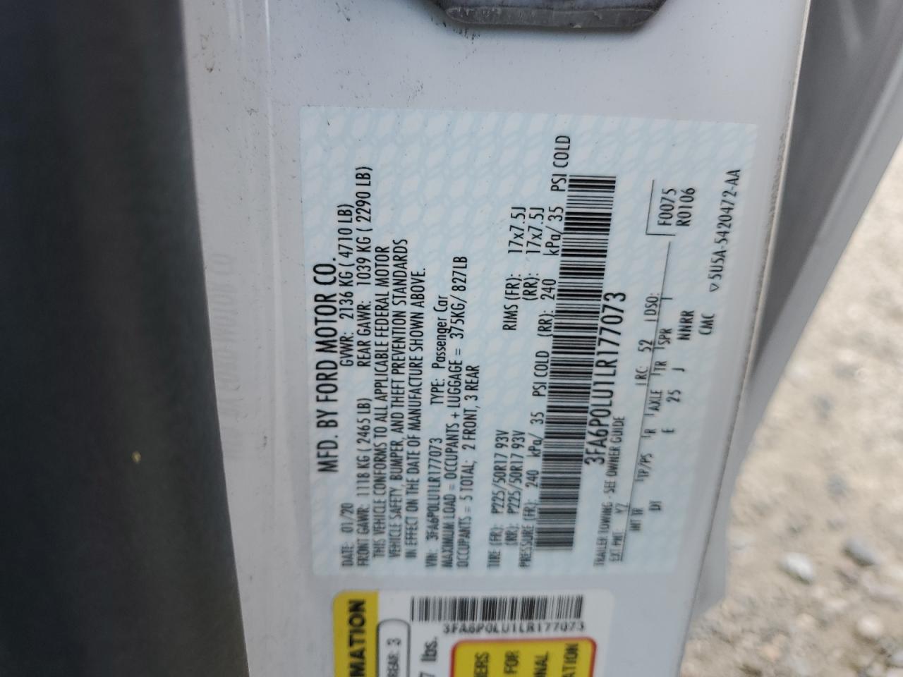 2020 Ford Fusion Se VIN: 3FA6P0LU1LR177073 Lot: 54066205