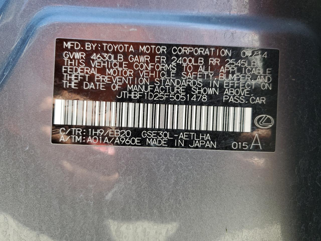 2015 Lexus Is 250 VIN: JTHBF1D25F5051478 Lot: 57087175
