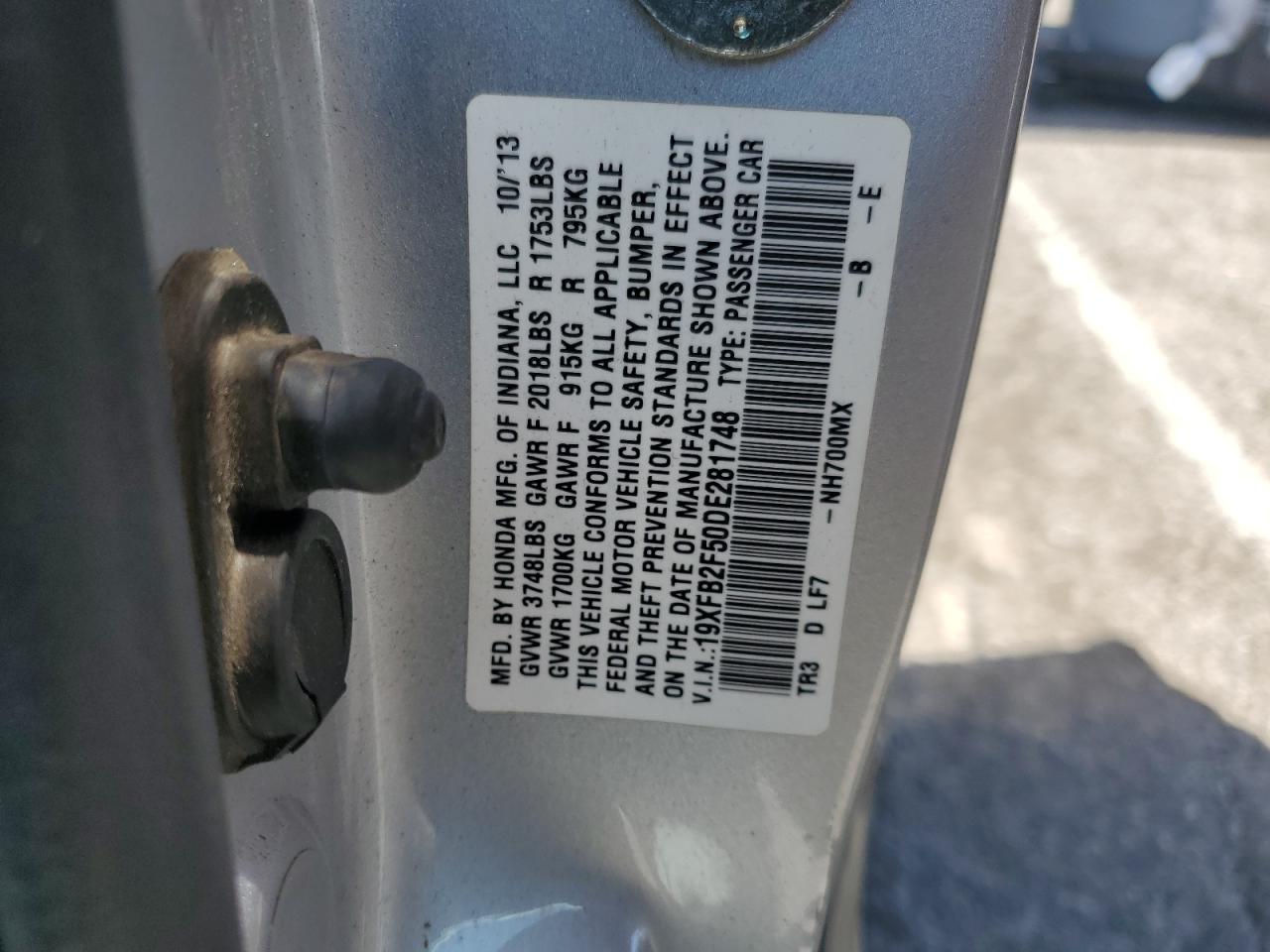 2013 Honda Civic Lx VIN: 19XFB2F50DE281748 Lot: 48848455