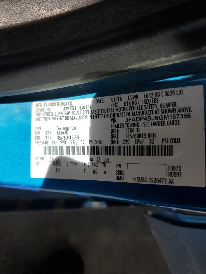 2016 Ford Fiesta Se VIN: 3FADP4BJ6GM167356 Lot: 56709445