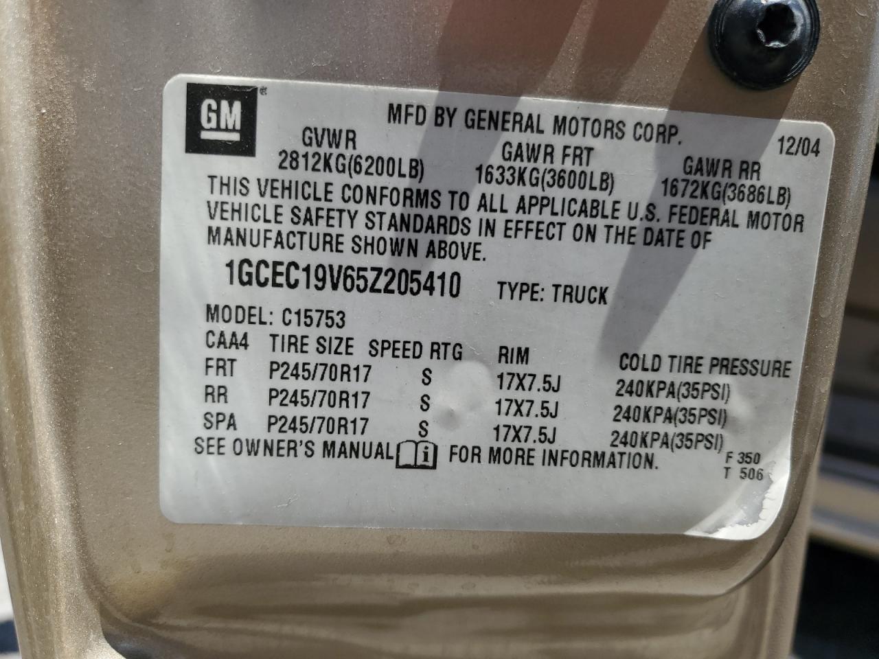 2005 Chevrolet Silverado C1500 VIN: 1GCEC19V65Z205410 Lot: 58552875