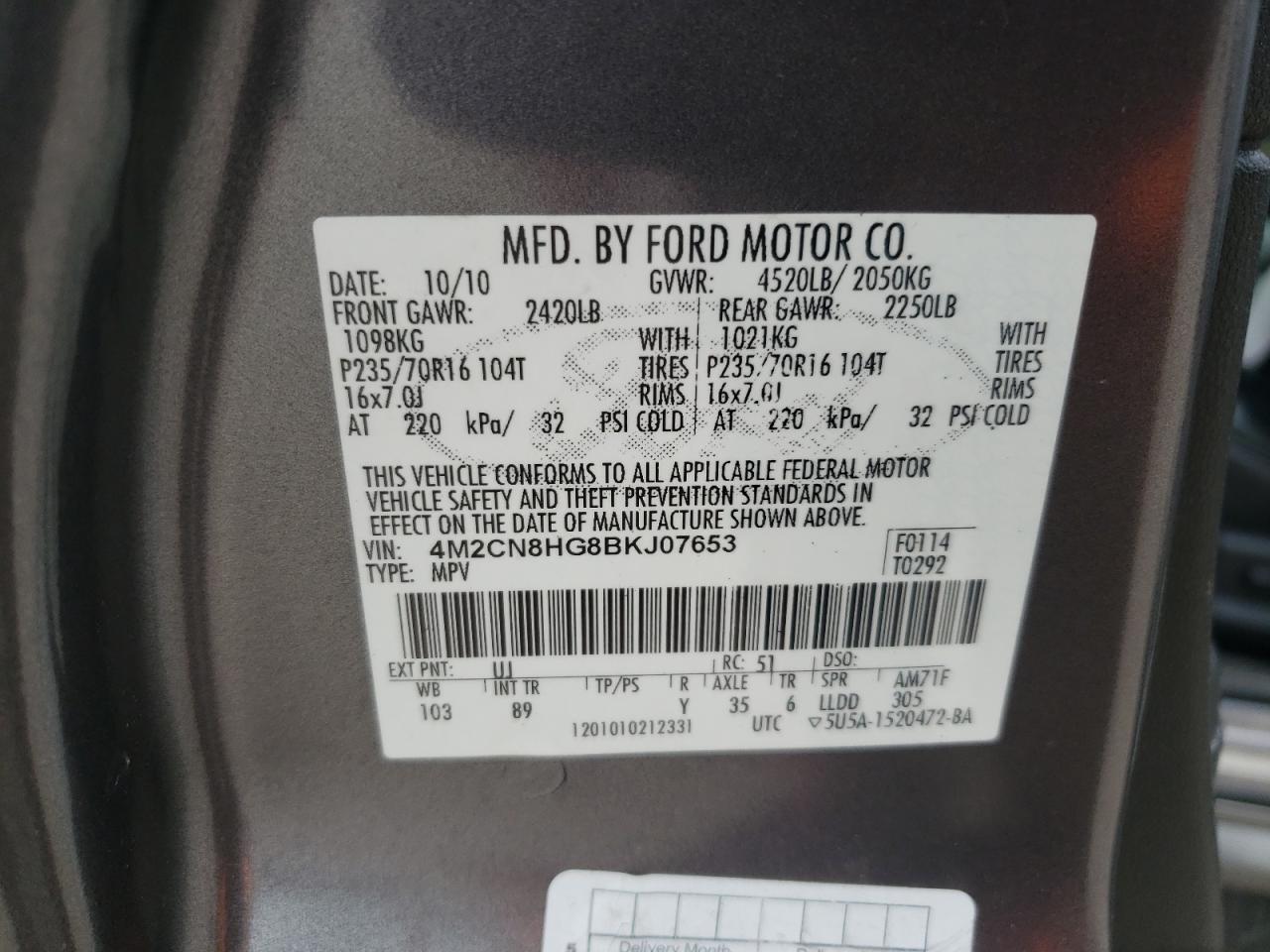 2011 Mercury Mariner Premier VIN: 4M2CN8HG8BKJ07653 Lot: 57495725