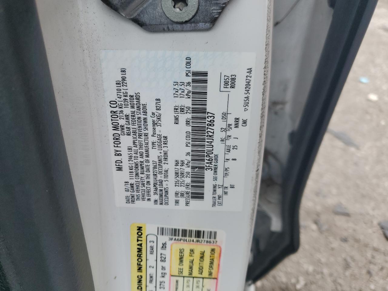 2018 Ford Fusion Se Hybrid VIN: 3FA6P0LU4JR278637 Lot: 54032255