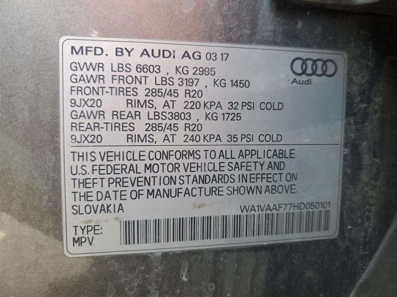 2017 Audi Q7 Prestige VIN: WA1VAAF77HD050101 Lot: 56882355
