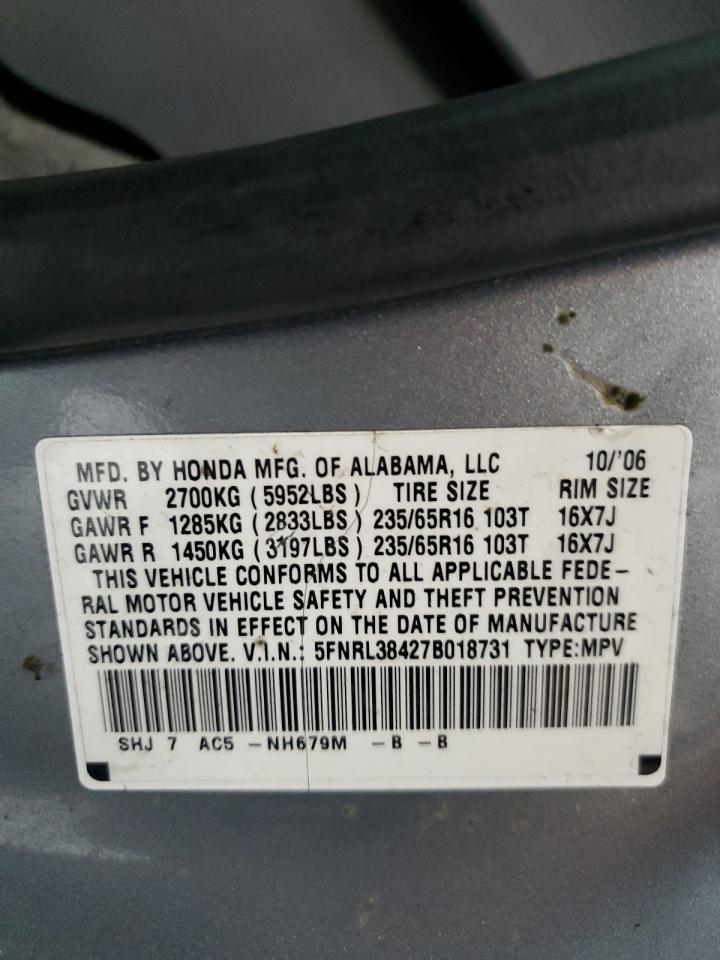 2007 Honda Odyssey Ex VIN: 5FNRL38427B018731 Lot: 56844265